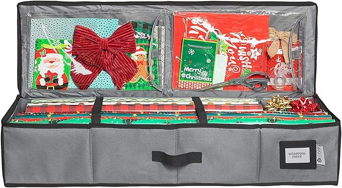 HOLDN??STORAGE Premium Wrapping Paper Storage Container - Durable 600D Tear-Proof, Fits 27 Rolls Gift Wrap, Extra Pockets for Ribbons & Bows, Underbed Storage - Ideal for Holiday Christmas, Gray