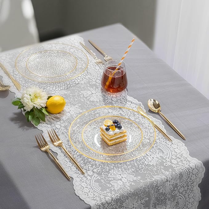 Rubtlamp 100Pcs Clear Gold Plastic Plates, Gold Glitter Disposable Plates, Hammered Plastic Plates Included 50 Dinner Plate And 50 Dessert Plate for Weddings Party Birthday
