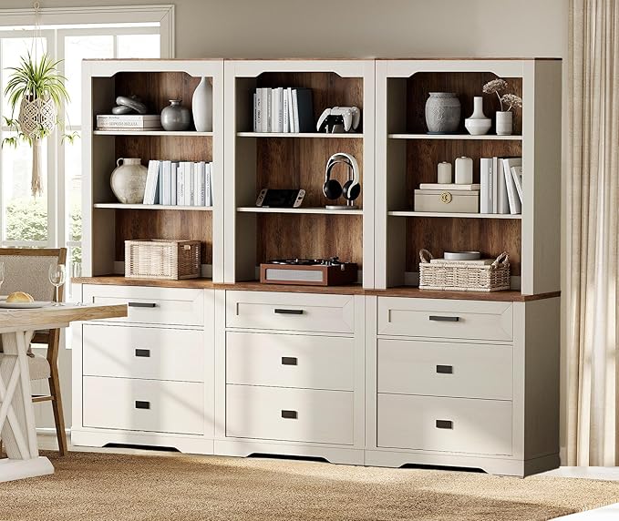 WAMPAT 3 Column 3 Tier Pantry Cabinet with Drawer,73.3" Tall Floor Standing Cupboard,Modern Farmhouse Display Kitchen Buffet with Adjustable Shelves for Dining Room,Living Room,Rustic White