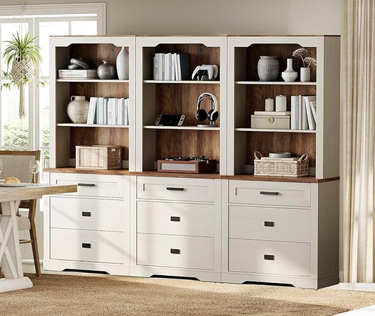 WAMPAT 3 Column 3 Tier Pantry Cabinet with Drawer,73.3" Tall Floor Standing Cupboard,Modern Farmhouse Display Kitchen Buffet with Adjustable Shelves for Dining Room,Living Room,Rustic White