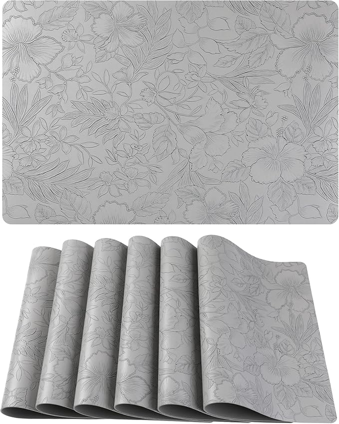 DRMHM Set of 6 Faux Leather Flower Placemats for Kitchen Dining Table Decor, Washable Table Placemats Wipeable Table Mat 18 * 12in Gray