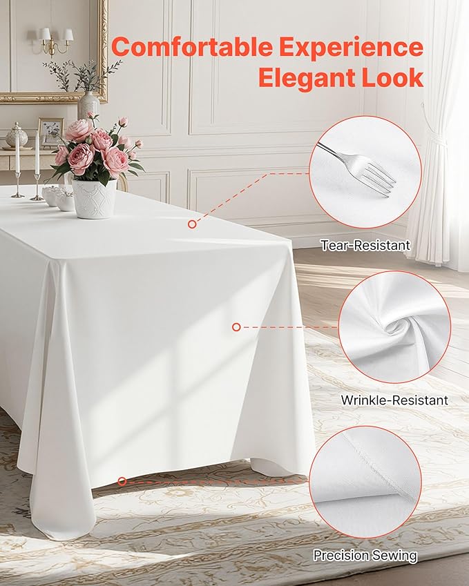 VEVOR White Tablecloths for Rectangle Tables, 6 Pack, 90 x 132 Inches, Reusable and Machine Washable Table Clothes, Wrinkle-Resistant Polyester Fabric Table Covers for Wedding, Party, Banquet