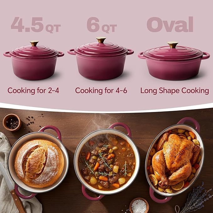 Vintage Style 6 Quart Dutch Oven Pot with Lid, Non Stick Enameled Cast Iron Dutch Oven for Bread Baking, Heavy-Duty, Oven Safe Ceramic Cookware Up to 500째F for Baking, Braising, Stews, Roasting, Rose