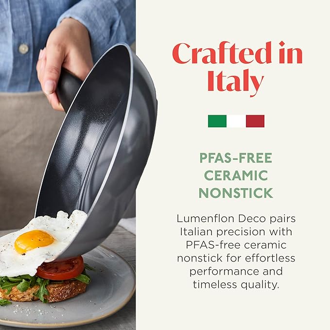 Deco 9.5??Nonstick Frying Pan Skillet, Made in Italy, Diamond Ceramic PFAS-Free, Dishwasher & Metal Utensil Safe, Durable Gloss Enamel Finish, Stay-Cool Handle, High Walls-Extra Room, Gray