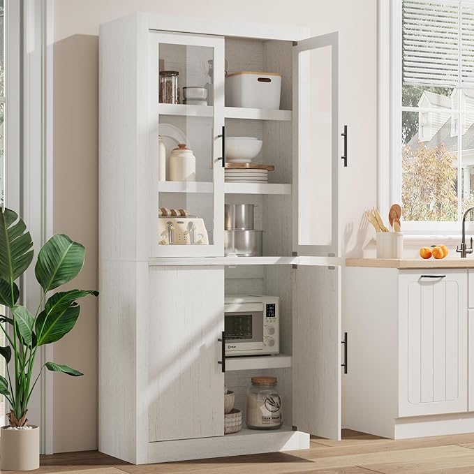 70.45??Tall Farmhouse Kitchen Pantry Cabinet, Wood Storage Cabinet with 4 Doors & Adjustable Shelves, Anti-Tip Design, Sturdy Bookcase for Kitchen/Dining/Office, Rustic White-Glass