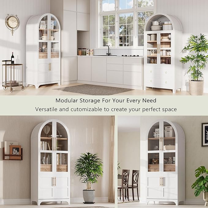 GDFStudio Mariah 71" Tall Arched Kitchen Pantry Cabinet with Hidden Drawer, Glass Door & Adjustable Shelves, Farmhouse Storage Cabinet Cupboard for Kitchen Dining Room, Home Pantry Storage, White