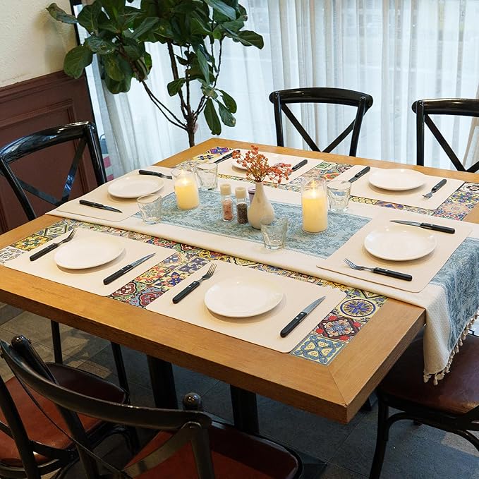 PROMATTOO Faux Leather Placemats Set of 6 – 17x12 Inch Vinyl Table Mats, Heat Resistant, Non Slip, Wipeable & Washable, Easy to Clean Dining Table Decor for Kitchen & Dining Room （Ivory White）