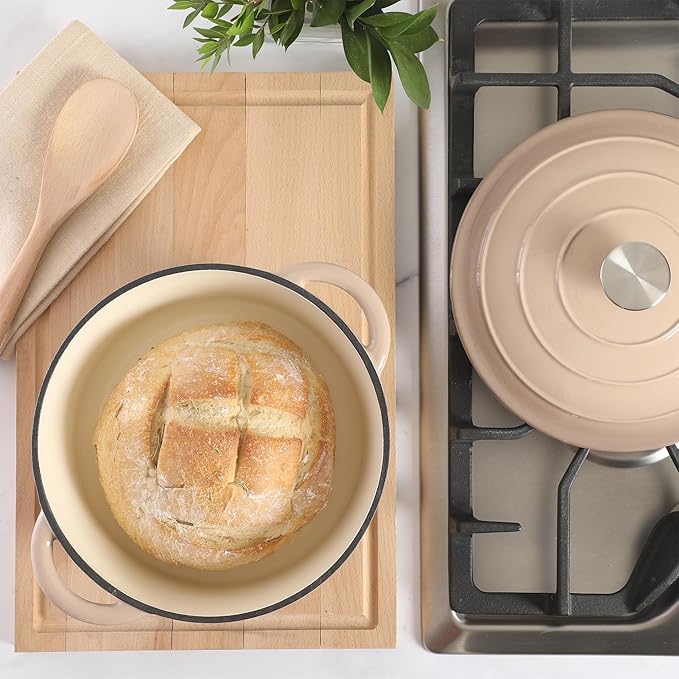 Gibson Home Addlestone 5 Qt Enameled Cast Iron Dutch Oven Pot with Lid ??Round, Oven Safe to 500째F, Ideal for Bread Baking & Stews - Gradient Taupe
