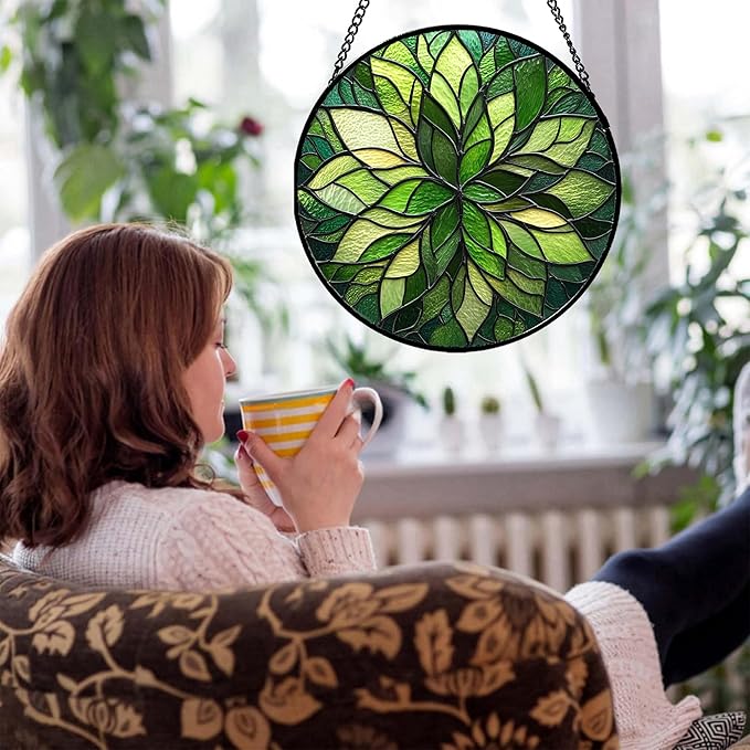 Stained Glass Window Hanging - Green Gradient Flowers Suncatcher for Doors Window Home Plant Sun Catchers Decor Christmas Mother's Day Birthday Gifts for Teacher Women Men Mom Nana 11.8 in