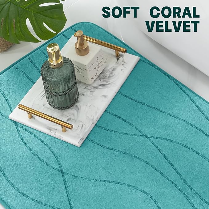 YIHOUSE Memory Foam Bathroom Rug Sets 5 Piece, Ultra Absorbent Bath Mat for Bathroom - Non-Slip Machine Washable & Dry Quickly, 5 Piece Bathroom Mat Set,Teal