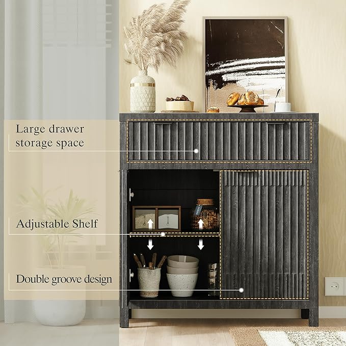 FLOWBACK 64'' Sideboard Buffet Cabinet with Large Storage,Black Fluted Credenza Coffee Bar Storage Cabinet with Drawer and Door, Modern Console Cabinets for Kitchen, Living Room, Entryway,2 PCS