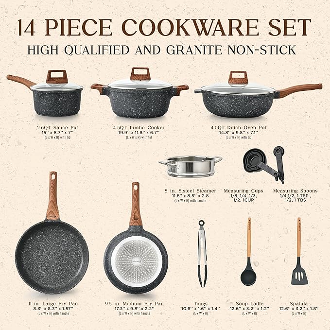 Bakken-Swiss 14-Piece Kitchen Cookware Set ??Granite Non-Stick ??Eco-Friendly ??PFOA, PFOS, and PTFE Free for All Stoves & Oven-Safe - Marble coatin