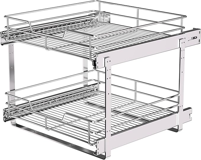2-Tier Pull Out Cabinet Organizer (17" W x 22" D), Pull Out Shelves and Drawer for Kitchen Pantry Storage Basket, Heavy-Duty Metal Sliding Shelf, Chrome Finish