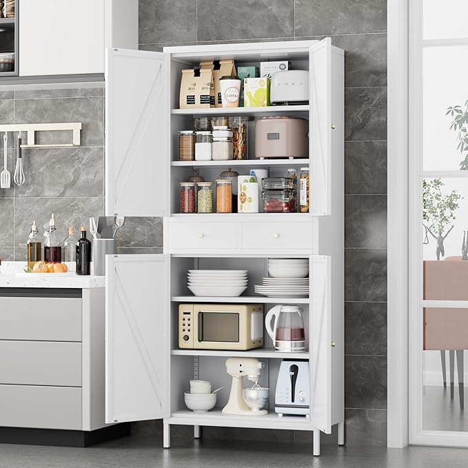 METAN Kitchen Pantry Storage Cabinet with 2 Drawers for Kitchen,Living Room,Metal Storage Cabinets with 4 Adjustable Shelves,Assembly Required,White