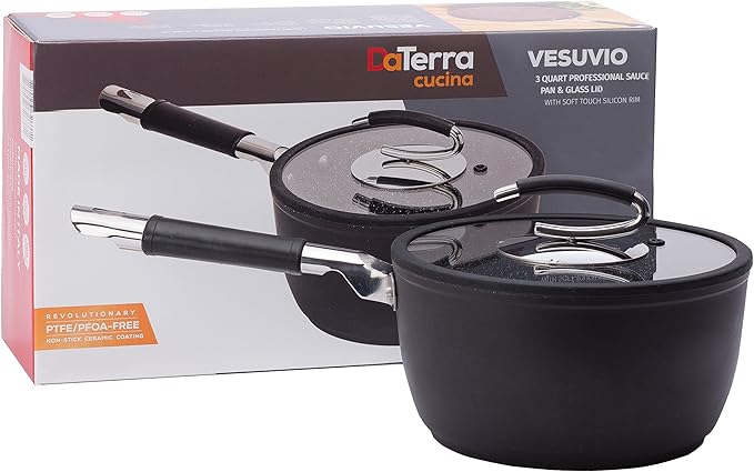 DaTerra Cucina Nonstick Small Chef Bundle ??2.6 Qt Ceramic Saucepan with Lid, 9.5" Frying Pan, 5-Piece Olive Wood Cooking Utensils ??Oven Safe, Induction Compatible, PTFE & PFOA Free ??Made in Italy