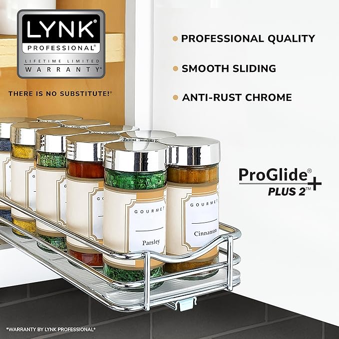 LYNK PROFESSIONAL짰 Pull Out Spice Rack Organizer for Inside Kitchen Cabinets - 4-3/8 inch Wide - Slide Out Drawer ??Chrome Sliding Spice Cabinet Organization Shelf Racks - 1 Tier