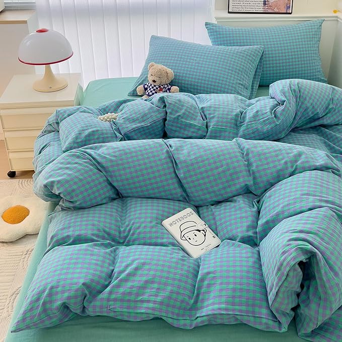 LifeTB Queen Comforter Set Green Gingham Bedding Comforter 3 Pieces Checkered Pattern Comforter Set Green Purple Plaid Grid Bed Comforter with 2 Pillowcases Fluffy Soft Gingham Bedding Set Queen Size