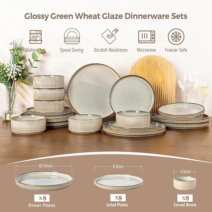 GBHOME Stoneware Dinnerware Sets for 8,Round Reactive Glaze Ceramic Plates and Bowls Set,Highly Scratch Resistant | Dishwasher & Microwave Safe Dishes Set,Service for 6(24Pcs),Green Wheat