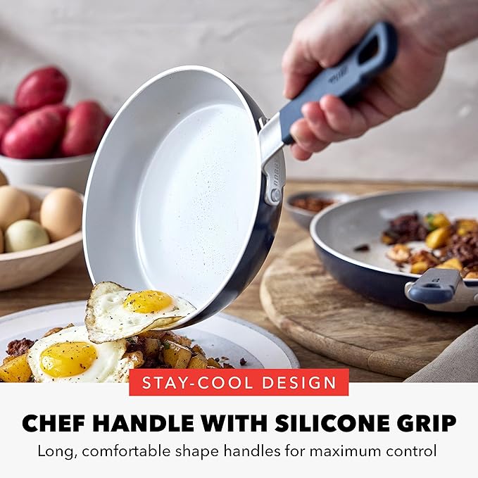 GreenPan x Bobby Flay 2 Piece- 8??and 10??Nonstick Frying Pan Skillet Set, PFAS-Free Diamond Ceramic, Induction Suitable, Stay-Cool Silicone Handle, Easy Clean Dishwasher & Oven Safe, Oxford Blue