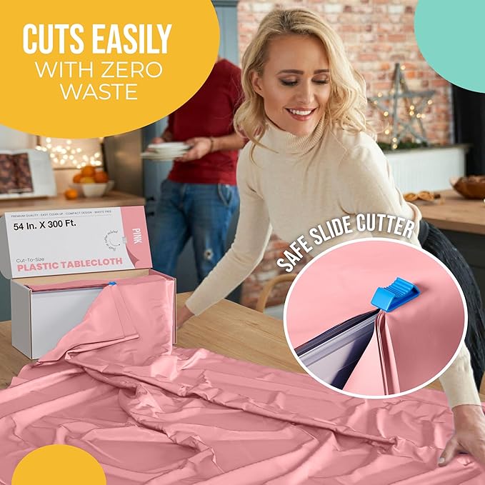 Party Solids 54 Inch X 300 Feet Pink Plastic Table Cover Roll in A Cut - to - Size Box with Convenient Slide Cutter. Cuts Up to 36 Rectangle 8 Feet Plastic Disposable Tablecloths