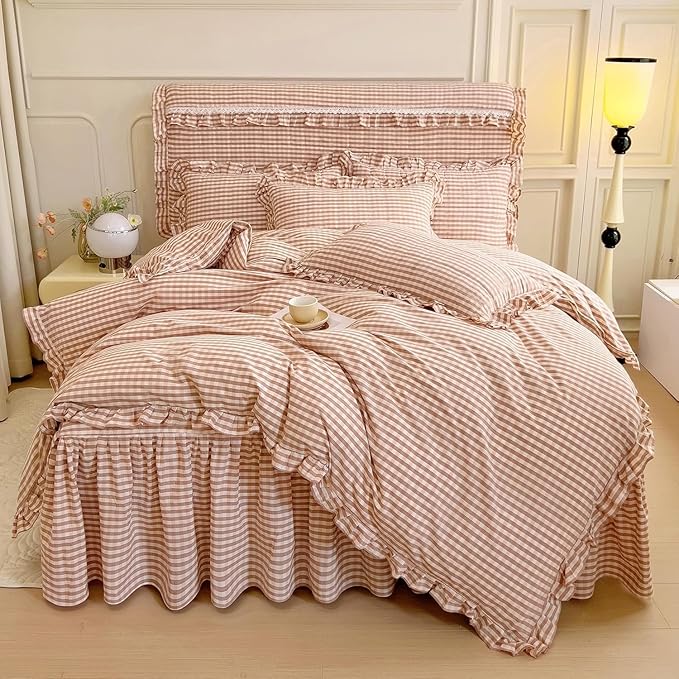 LifeTB Pink Gingham Comforter Set Full Ruffle Pink Plaid Comforter Set 3 Pieces Grid Checkered Pattern Comforter with 2 Pillowcases Fluffy Boho Farmhouse Gingham Bedding Comforter for All Seasons