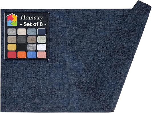 Homaxy Faux Leather Heat Resistant Placemats for Dining Table Set of 8, Waterproof Wipeable Washable PU Table Mats, Easy to Clean Anti-Slip Place Mats, 11.8" x 17", Navy Blue