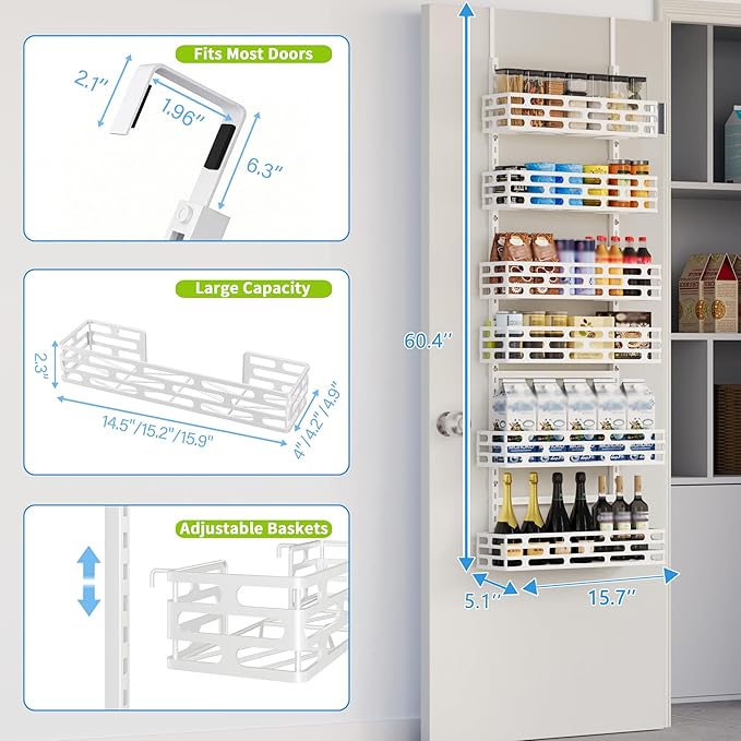 Over the Door Pantry Organizer - 6 Tier Adjustable Pantry Organization and Storage, Hanging Basket Wall Spice Rack Seasoning Shelves, Home & Kitchen Bedroom Bathroom, White