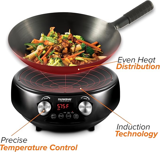 Nuwave Mosaic Induction Wok, Precise Temp Controls from 100째F to 575째F in 5째F, Wok Hei, Infuse Complex Charred Aroma & Flavor, 3 Watts 600,900 & 1500, Authentic 14-inch Carbon Steel Wok Included,Black