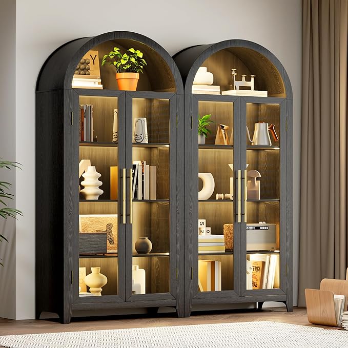 Vlsrka 71" Arched Storage Cabinet with Doors, Display Cabinet with LED Light & Human Sensor, 5-Tier Display Cases for Collectibles, Curio Cabinet with Ajustable Shelf for Living Room(Black)