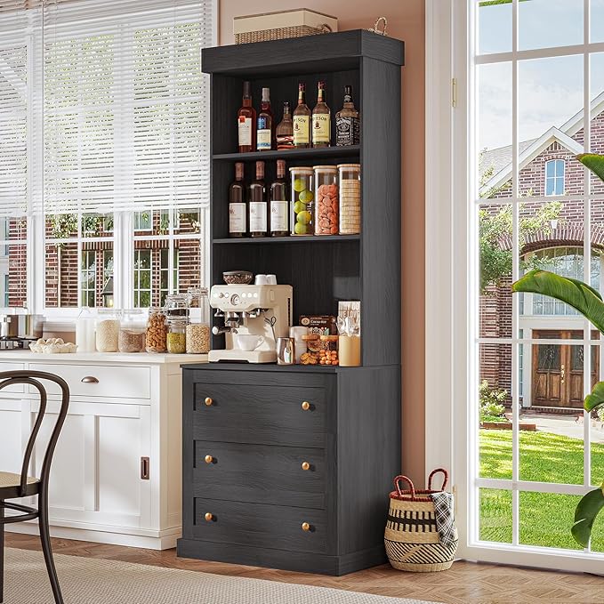71" Tall Farmhouse Kitchen Pantry, Large Storage Cabinet with Drawers, Freestanding Coffee Bar Hutch with Microwave Stand, Adjustable Shelves for Kitchen, Living Room, Black 4 Pcs