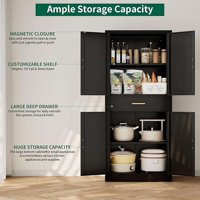 CJF 71" H Metal Kitchen Pantry Storage Cabinet, Freestanding Cupboard with Adjustable Shelves and 1 Drawer, Standing Storage for Kitchen, Bathroom, Garage, Dinning Room or Utility Room（Black）