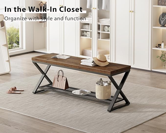 LVB Rustic Entryway Bench, 47??Shoe Bench with Storage for Entry Way, Industrial Shoe Rack Bench with Seating for Foyer Entrance, Farmhouse Wood Bench for Hallway Living Room Bedroom, Rustic Brown