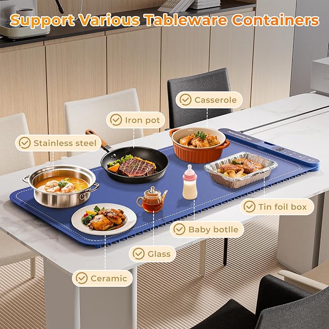 Warming Mat for Food Extra Large 32"x15", Electric Silicone Food Warmer Trays for Chafing Dishes & Buffet,Portable Countertop Food Warmers for Parties, 7-Level Temp 8-Hour Timer竊?Blue