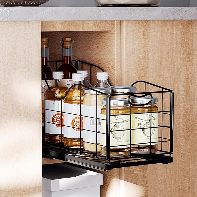 Narrow Cabinet Organizer,Carbon Steel Pull Out Cabinet Organizer,Fixed Heavy Duty Kitchen Cabinet Slide Out Shelves for Storing and Organizing Bathrooms, Kitchens, Bedroom (Black, Deep 16.7")