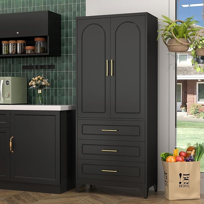 Metal Kitchen Pantry Storage Cabinet with 3 Drawers竊?5 Inch Black Food Pantry Cabinets for Kitchen Storage with 2 Adjustable Shelves,Tall Storage Cupboard for Living Room,Dining Room Office
