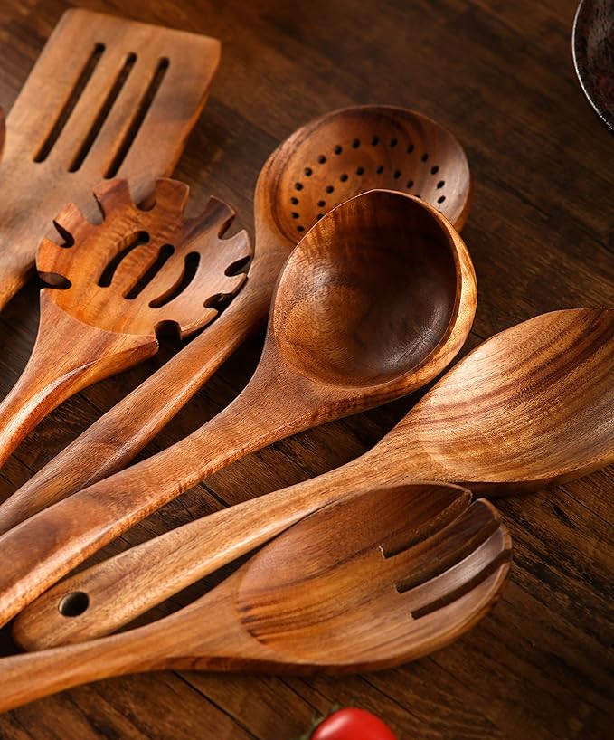 11Pcs Wooden Cooking Utensils Set, Teak Wooden Spoons for Cooking, Comfort Grip - Sturdy - Non Stick Wooden Spatulas for Stirring, Cooking, Kitchen Utensils Set with Stainless Holder