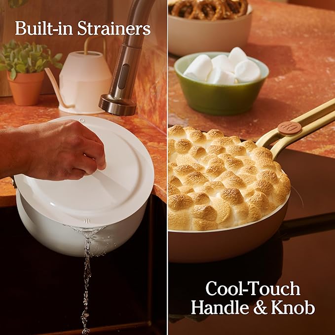 Our Place 11-Piece Essentials Complete Cookware Set - Ceramic Fry Pan, Saucepan, Saut챕 Pan, Stock Pot, Strainer Basket & Rack Storage | Thermakind??Nonstick, Oven Safe up to 450째F | Cream