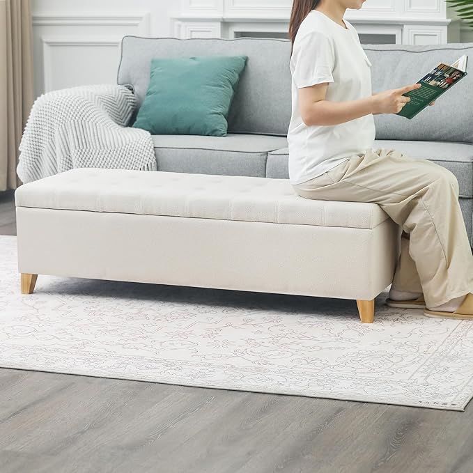 DECO DE VILLE Ottoman with Storage, 51 Inch End of Bed Storage Ottoman Bench, Linen Fabric Upholstered Ottomans with Hinged Lid, Rectangle Long Foot Rest Bench for Entryway Living Room Bedroom White