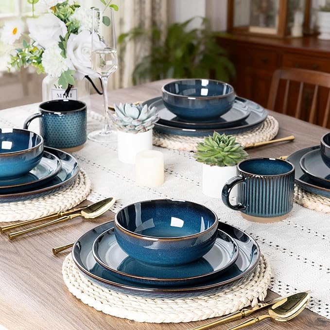 GBHOME Ceramic Dinnerware Sets for 4, 12 Pieces Stoneware Plates and Bowls Sets, Scratch Resistant Dishes, Dishwasher & Microwave Safe, Reactive Glaze-Deep Sea