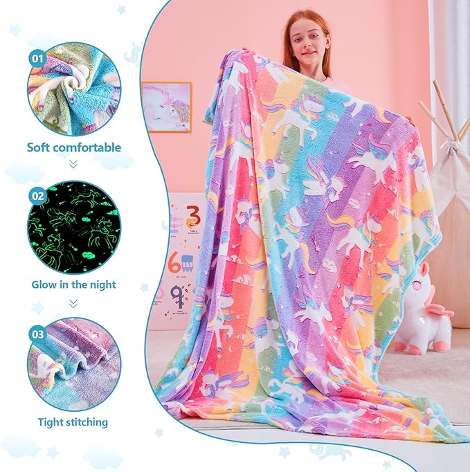 QSTEHEML Unicorns Glow in The Dark Blanket for Girls,Unicorn Gifts for Girls Age 3 4 5 6 7 8 9 10 11 12 Year Old, Soft Unicorns Rainbow Blanket - Christmas Birthday Bedroom Decor 50"횞60"
