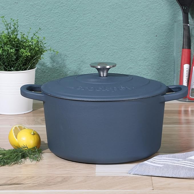 Crock-Pot Artisan 5-Quart Round European Enameled Cast Iron Dutch Oven with Lid ??Matte Navy Blue, Durable Oven Safe Cookware