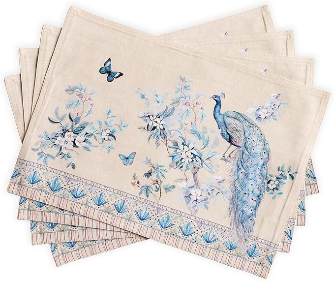 Maison d' Hermine Placemats 100% Combed Cotton Premium Set of 4 Decorative Table Cloth Placemat, Dining, Holidays, Buffet Party - Peacock Utopia - Sandy Beach (13 Inch x 19 Inch)