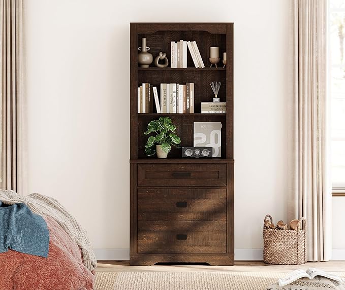 WAMPAT 3 Tier Pantry Cabinet with Drawer,73.3" Tall Floor Standing Cupboard,Modern Farmhouse Display Kitchen Buffet with Adjustable Shelves for Dining Room,Living Room,Rustic Brown