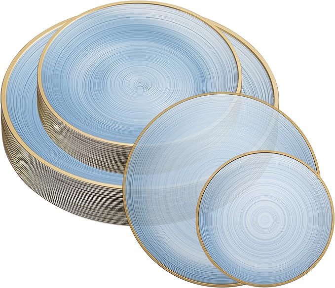 PLASTICPRO 64 Pieces Crystal Design Plastic Plates Combo Pack 7 inch and 10 inch Gold Rim Elegant Disposable Plates, Transparent Blue