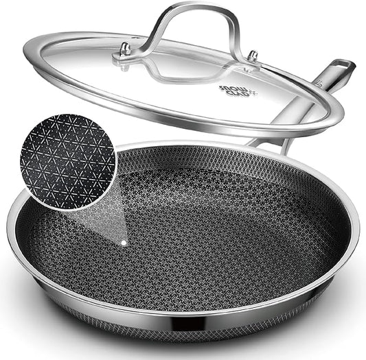 Frying Pan with Lid, 10 Inch Hybrid Non Stick Stainless Steel Skillets, Dishwasher Induction Oven Broiler Safe, Non Toxic Chef's Pan, PFOA Free Cookware