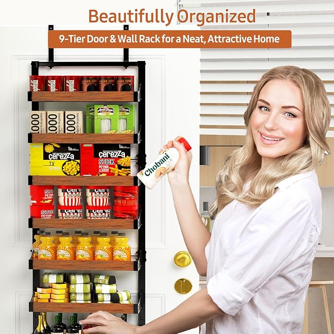 Over the Door Pantry Organizer: Pantry Organization and Storage with Hanging Basket - 9-Tier Metal Spice Rack Adjustable Shelves for Kitchen Bedroom Bathroom & Laundry Room Black
