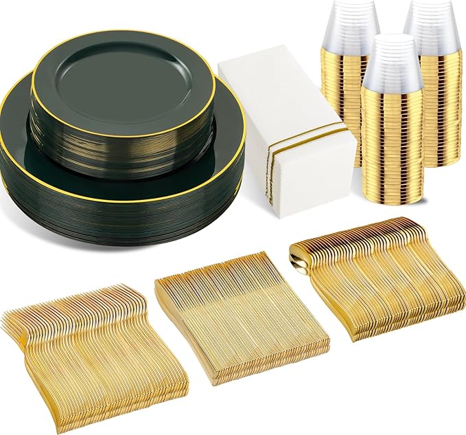 SUT 350PCS Green and Gold Plastic Plates for 50 Guests, Disposable Plates and Napkins Party Supplies, Gold Plastic Silverware, Plates, Cups and Napkins Sets竊똏arty Plates and Cups and Napkins Sets