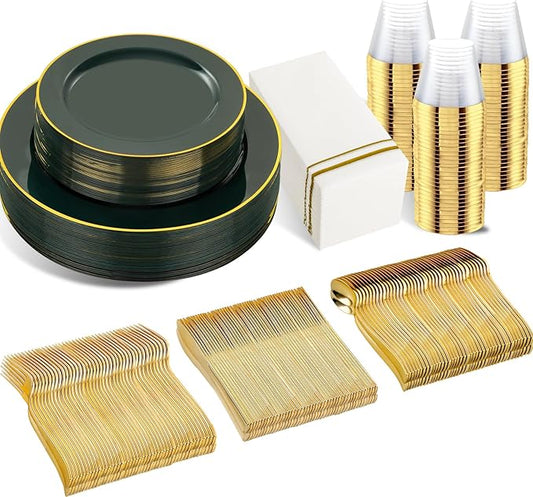 SUT 350PCS Green and Gold Plastic Plates for 50 Guests, Disposable Plates and Napkins Party Supplies, Gold Plastic Silverware, Plates, Cups and Napkins Sets竊똏arty Plates and Cups and Napkins Sets