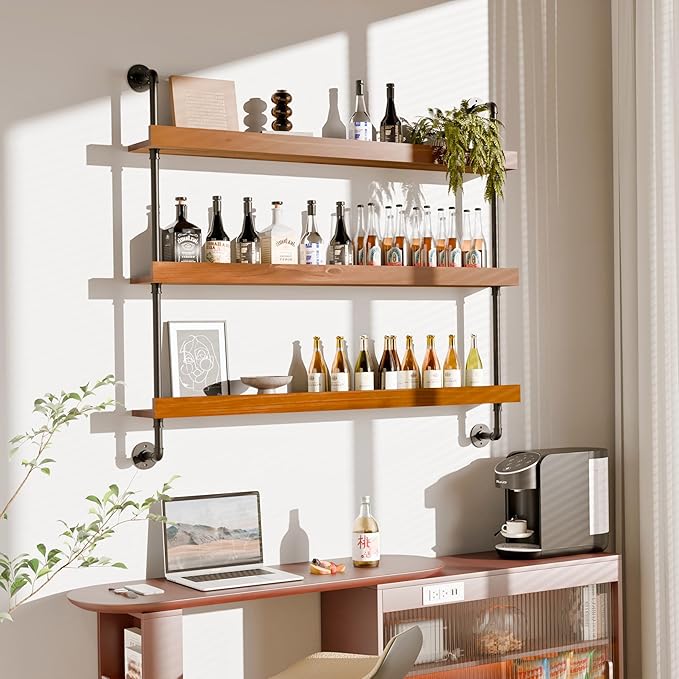 Industrial Wine Rack Wall Mounted, Solid Wood Shelf with Metal Pipe Brackets, 3-Tier Rustic Hanging Organizer for Wine Bottle Storage in Kitchen, Bar, Pub, Cellar(Walnut Brown, 48 Inch)
