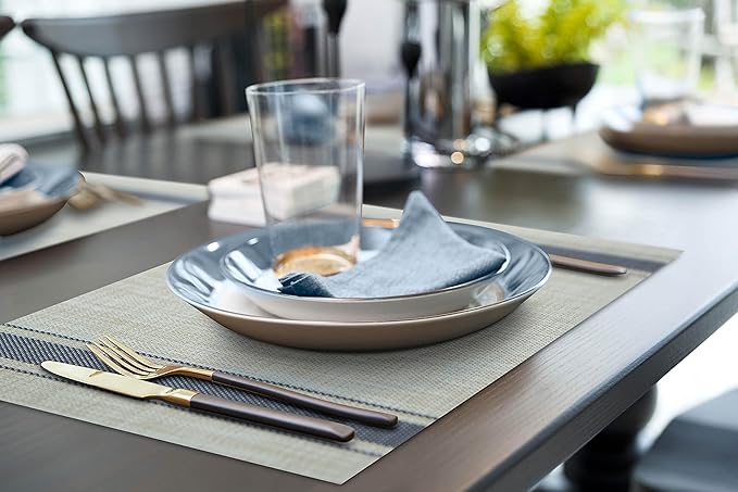 More D챕cor Dining Table Placemats, Washable Heat-Resistant PVC Vinyl Table Mats for Dining Room and Kitchen, Anti-Slip - Set of 6 - Vertical Striped Blue - Grey